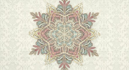 Ornate mandala illustration on patterned background, colorful design