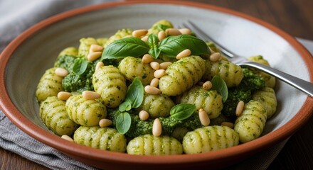 Italian potato gnocchi with fresh basil pesto sauce and pine nuts served in rustic bowl.