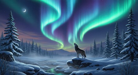 Wolf howling under aurora borealis in winter landscape at night