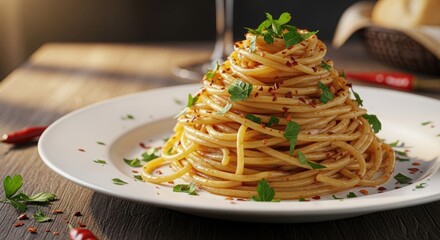 Spaghetti aglio e olio with chili flakes and parsley on plate