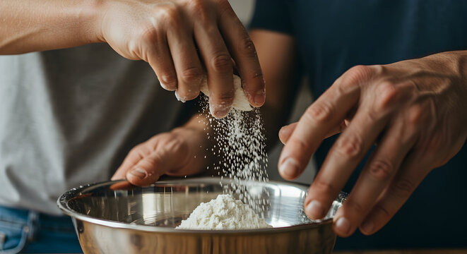 Hands of a Couple Tenderly Mixing Ingredients in a Bowl, Creating a Delicious Culinary Delight in Their Cozy Kitchen Environment