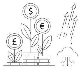 Plants with currency signs bloom from coin stacks, accompanied by cloud and upward arrows. Ideal for finance, investment, growth, sustainability, technology, startup, innovation simple flat metaphor