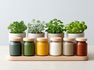 Arranged Spice Jars and Potted Herbs on a Minimalist Kitchen Shelf Display with Neutral Background and Selective Focus