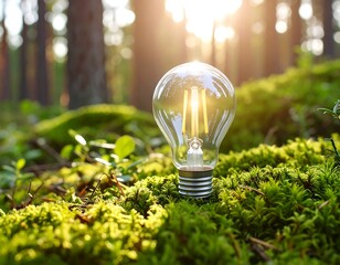 Illuminated lightbulb nestled in mossy forest floor (1)