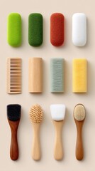 Arrangement of Wooden Combs and Brushes on Cream Background Product Photography