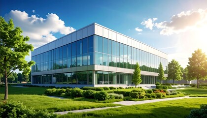 Modern glass office building on a sunny day, surrounded by landscaping