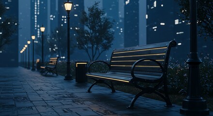 Nighttime park bench scene with illuminated lampposts and cityscape background