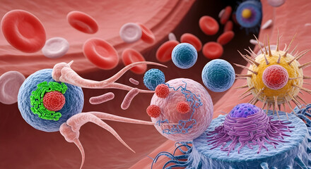 Intricate Visualization of Immune Response in Human Bloodstream Illustrating Blood Cells, Pathogens, and Advanced Microscopic Interactions