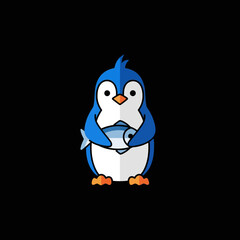 Obraz premium A cute cartoon penguin holding a fish in its flippers, with a black background.