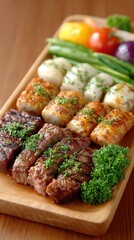 Assorted Grilled Meat Platter with Various Cuts Vegetables and Herbs on Wooden Serving Board
