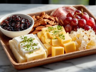 Assortment of Cheeses Nuts Grapes and Preserves on a Wooden Platter Arranged for Appetizer