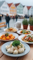 Assortment of Dishes on a Wooden Table with Colorful Buildings in Background