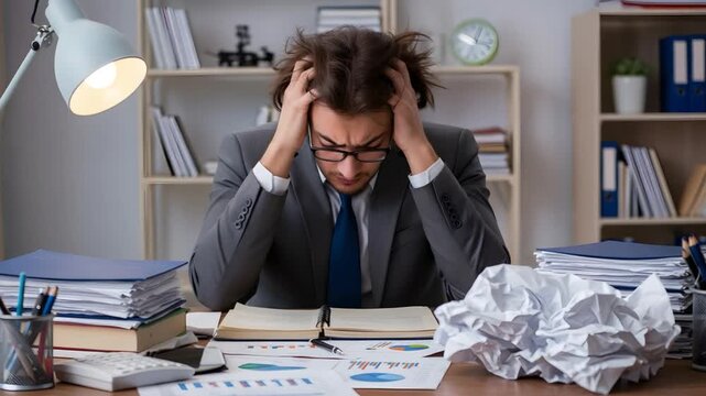 A stressed businessman in disarray at his messy desk, overwhelmed by his workload. Papers scattered, crumpled, and a look of despair on his face