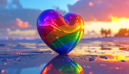 Radiant Rainbow Heart on Beach A Symbol of Love and Pride Reflecting in Tranquil Waters