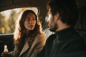 Young Couple Having a Serious and Tense Conversation in a Car During Sunset