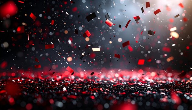 Celebratory Confetti: An explosion of vibrant red confetti rains down against a backdrop of sparkling black, symbolizing celebration, joy, and the exhilarating spirit of special occasions.