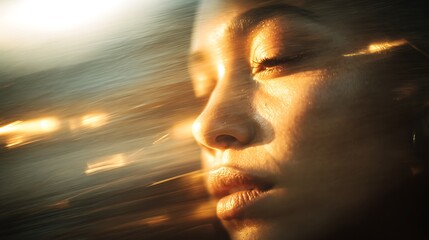 An artistic and ethereal close-up portrait of a woman's face with glowing, abstract light effects in her hair