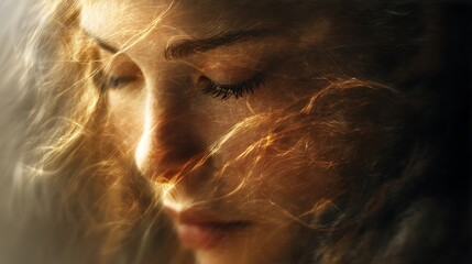 An artistic and ethereal close-up portrait of a woman's face with glowing, abstract light effects in her hair