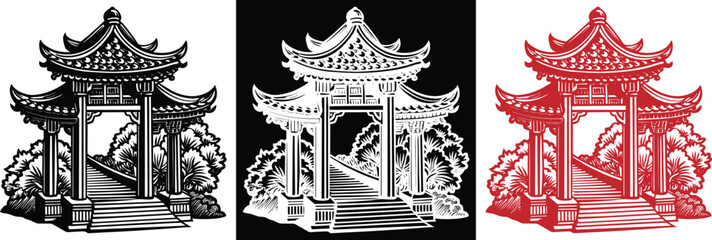 Elegant traditional Asian pagoda illustration with intricate details in three color variations offers a timeless design element for your project