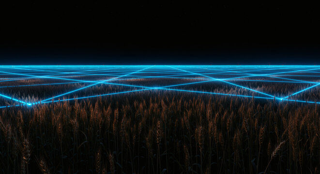 Futuristic agricultural landscape with illuminated blue data lines spanning across a vast field, representing smart farming, technological integration, and the future of sustainable food production