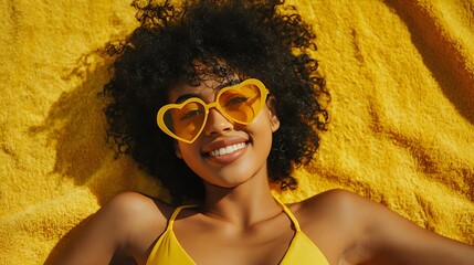 Cheerful Woman in Yellow Heart Sunglasses on Towel