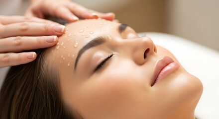 Naklejka premium Close up of a womans face receiving a facial treatment with water droplets