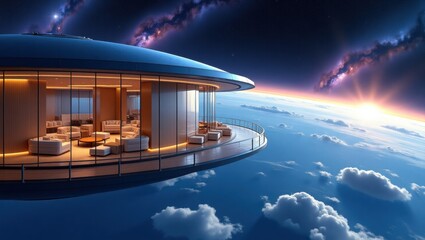 Orbital hotel suspended above a blue planet, glass-walled lounges offering a view of distant nebulae
