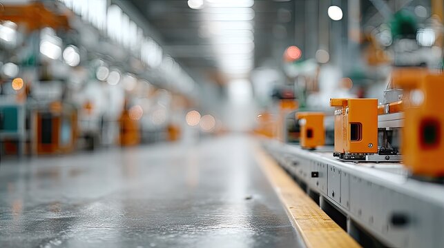 Automated Car Factory Production Line with Blurred Background and Yellow and Orange Machinery