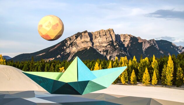 Colorful paper boat floats above sand, mountains and trees