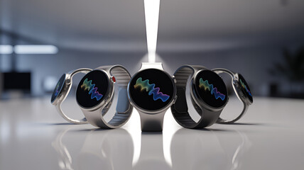 Smartwatches display health data with colorful waveforms in modern office setting