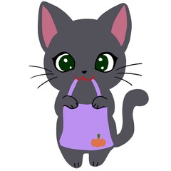 Trick or Treat の袋を持つ黒猫