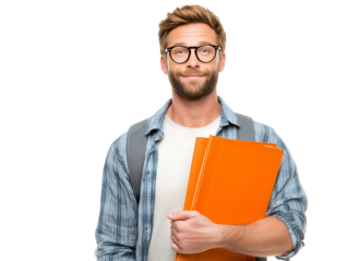Confident young man with glasses and backpack holds orange binders ready for academic success and professional growth