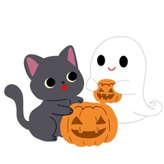 ジャックオーランタンと遊ぶ黒猫・ゴースト