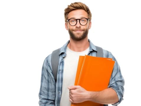 Confident young man with glasses and backpack holds orange binders ready for academic success and professional growth