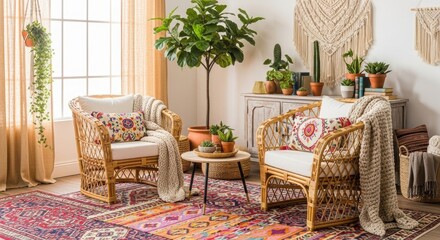 Colorful bohemian style living room with rattan chairs and plants