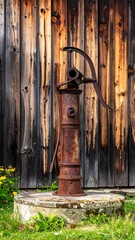 Rustic, weathered iron pump against aged wood
