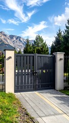 Modern gray gate with stone pillars, leading to a paved pathway, set against a backdrop of mountains and greenery