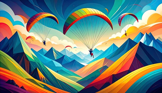 Colorful paragliders soar over vibrant, stylized mountains
