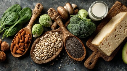 Assortment of healthy foods including nuts seeds vegetables and cheese on dark surface.