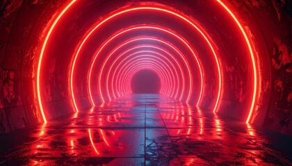 Neon Tunnel: The abstract digital artwork reveals a vibrant neon tunnel, with concentric rings of radiant red lights converging towards the unknown. The wet floor reflects the luminous display