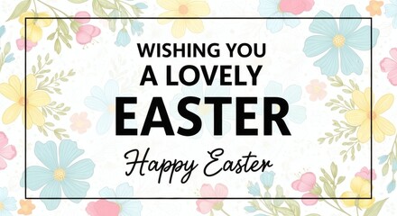 Happy Easter: Trendy Design with Typography, Hand-Drawn Spring Flowers Pattern, Modern Art Style, Horizontal Poster, Greeting Card, Website Banner.