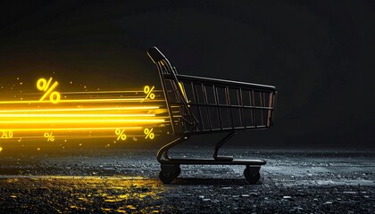 Accelerating Sale: A dynamic, digitally enhanced image of a shopping cart propelled forward by trails of light, adorned with percentage signs, perfectly capturing the excitement of a sale. 