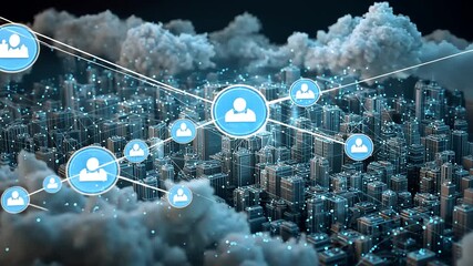 Digital network connections over a futuristic cityscape with clouds and data visualization elements - Powered by Adobe