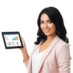 Confident businesswoman presents dynamic financial data on tablet, empowering strategic decisions and growth.