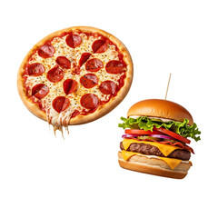 Juicy double cheeseburger and delicious pepperoni pizza tempting your tastebuds for a perfect mealtime treat