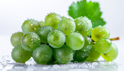High-resolution close-up of fresh green grapes with water droplets on a white background, healthy fruit photography