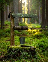 Fototapeta premium Rustic well in a mossy forest