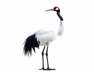 Fototapeta premium An elegant red-crowned crane with a long, black neck and red cap, standing gracefully on a white background.