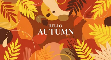 Naklejka premium Trendy Abstract Autumn Poster: Art Style Cover, Card with Bright Leaves & Plants, Fall Background, Sale Banner, Flyer Design, Advertising Template, Web, Social Media.