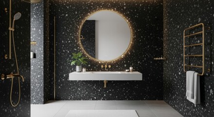 Modern bathroom with terrazzo walls, round mirror, and gold accents